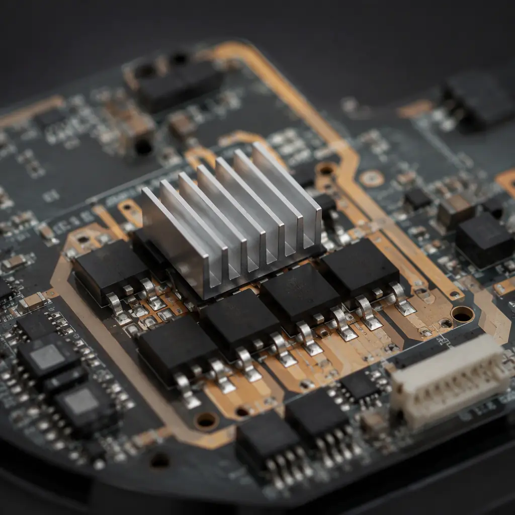 Photorealistic macro shot of a BLDC motor driver stage with MOSFETs and heat sink on a robot vacuum mainboard