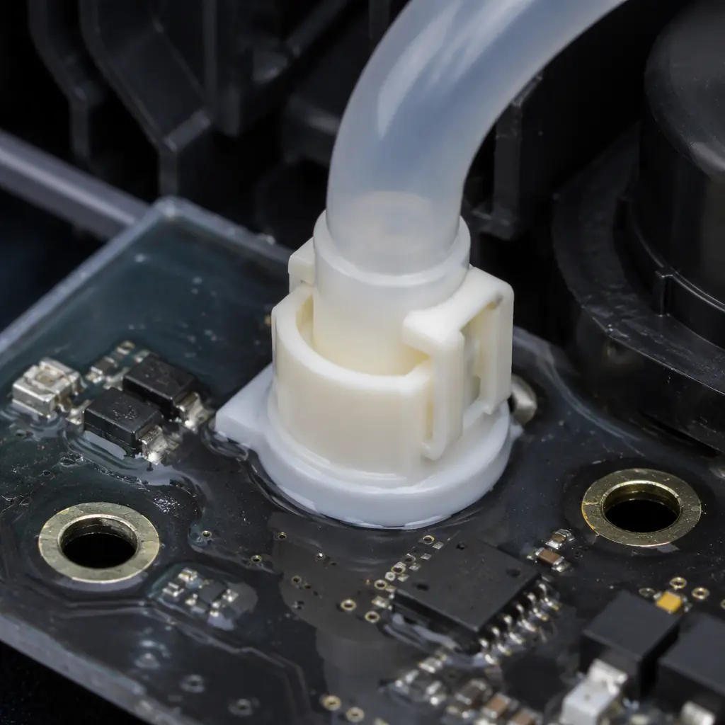 Macro photo of a robot vacuum water pump connector with selective conformal coating on surrounding components