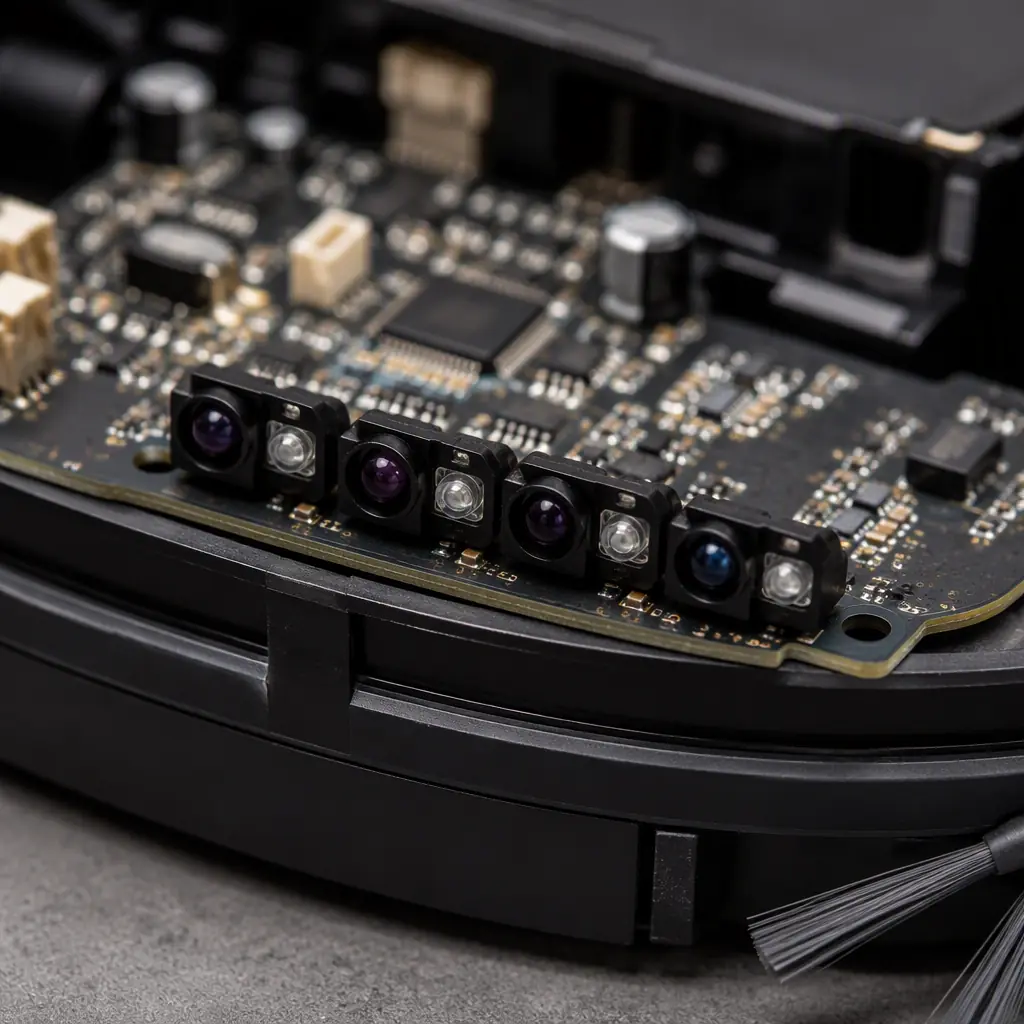 Macro photo of a robot vacuum mainboard with LiDAR connector, IR cliff sensor array and motor drivers