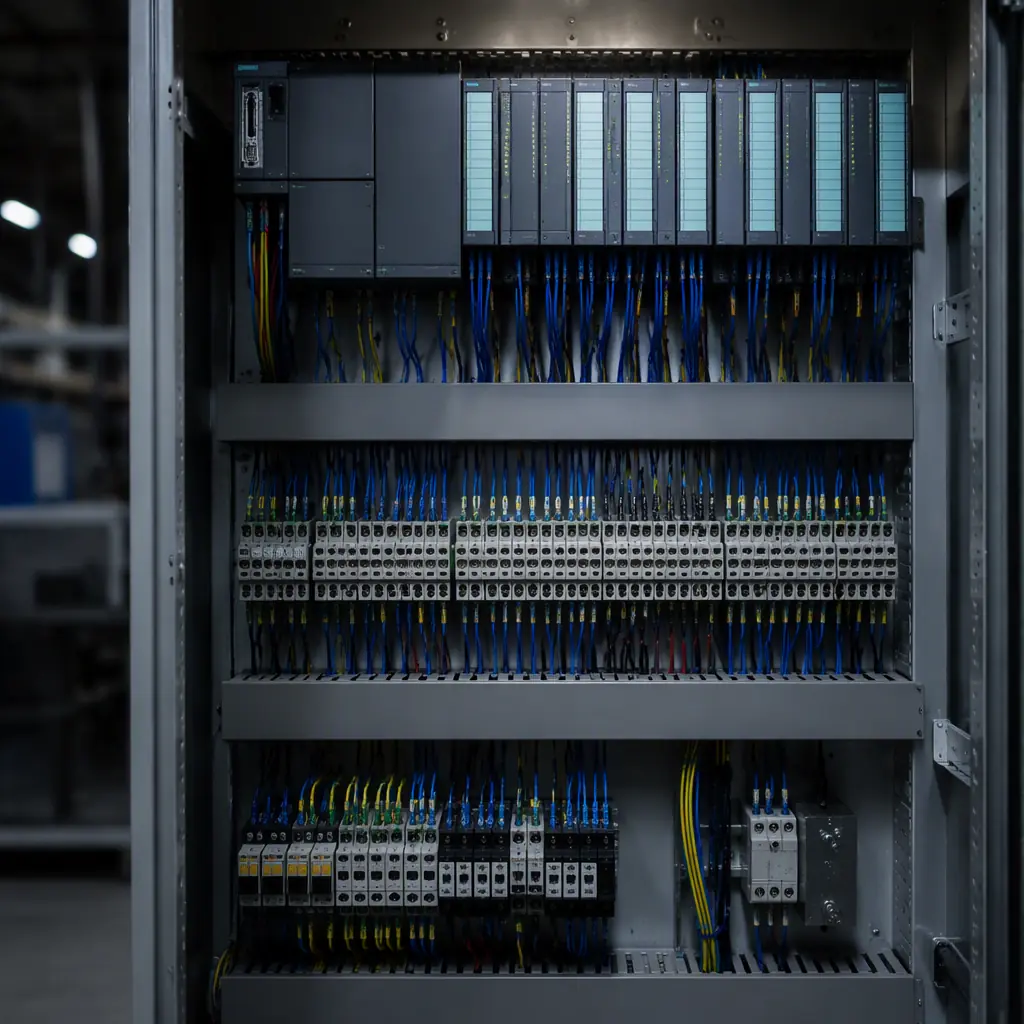 Industrial automation control cabinet with PLC modules and neatly wired RS-485 field connections