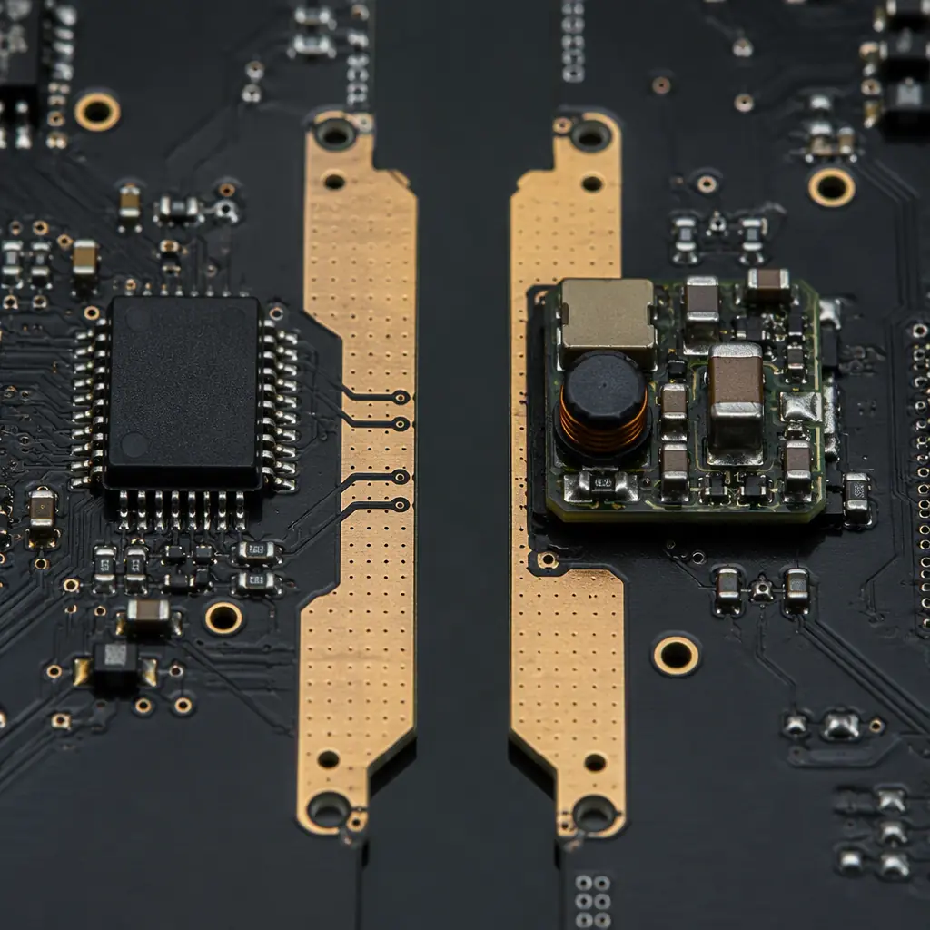 Macro photo of a digital isolator and isolated DC-DC converter module on an RS-485 interface board