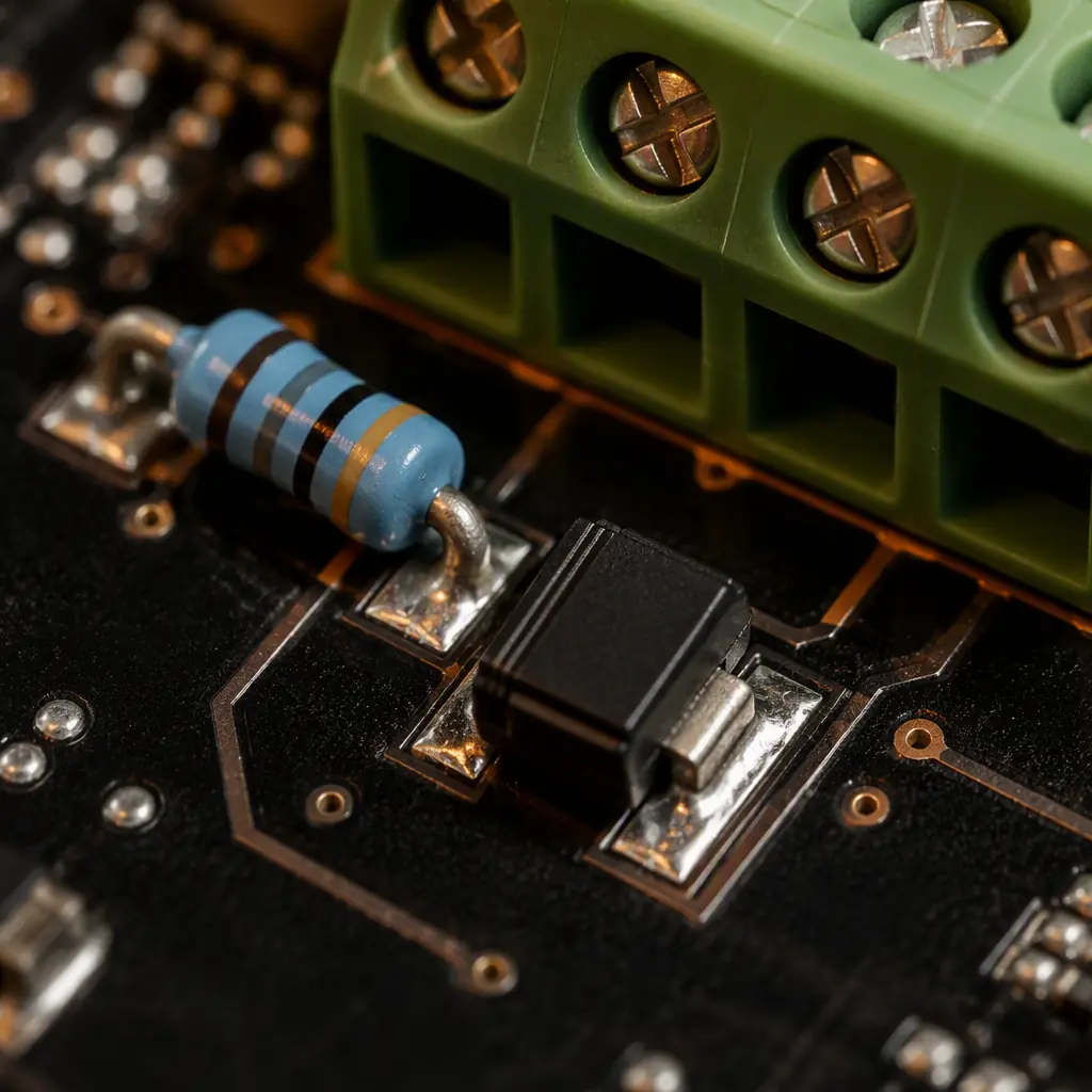 Close-up of a 120 ohm termination resistor and TVS diode protection network near an RS-485 connector on a PCB