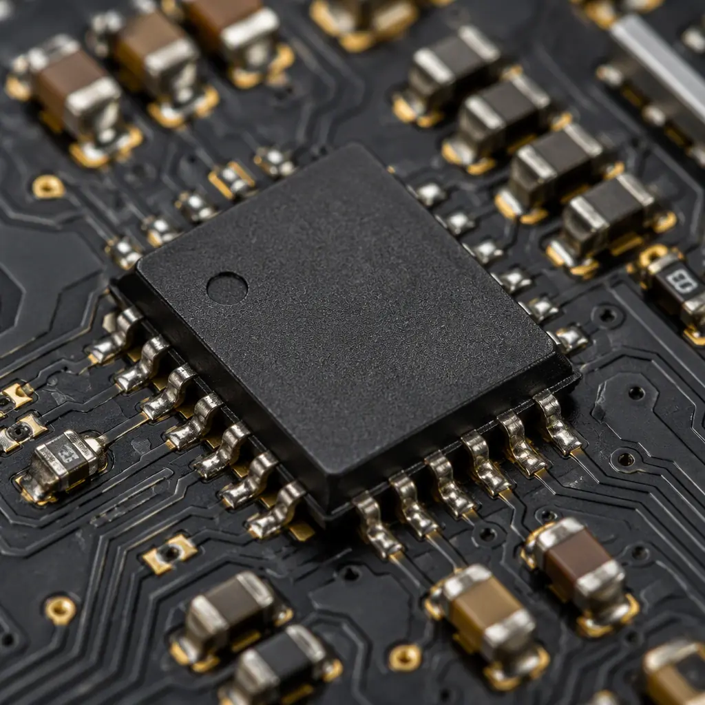 Macro photo of an RS-485 transceiver IC with termination resistors on an industrial control PCB