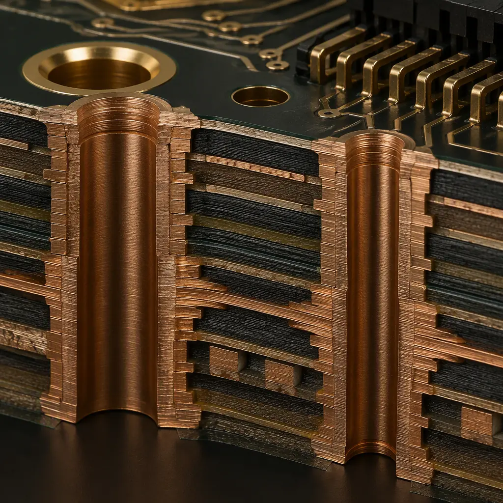Cross-section of a multilayer PCB with reinforced copper around mounting holes and connectors