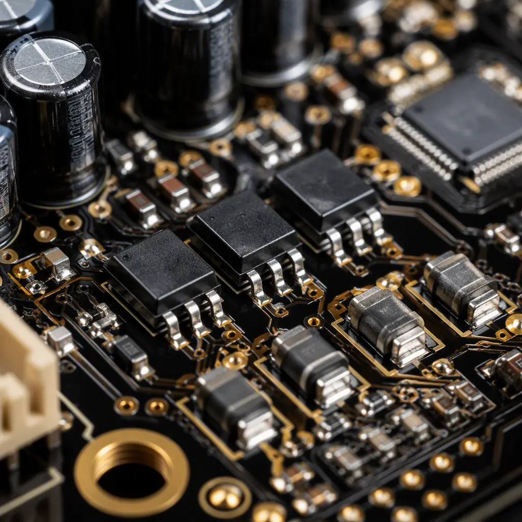 Macro view of a robot servo drive PCB with power stage, current sensing and connectors