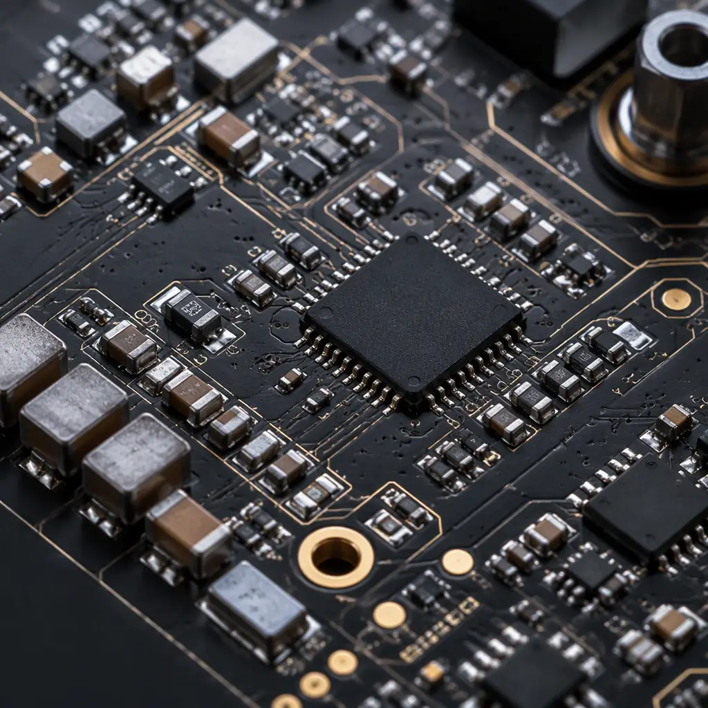 Macro view of a medical imaging PCB with precision analog front end and connectors