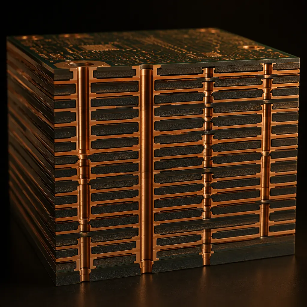Photorealistic cross-section of a 16-layer PCB showing alternating copper planes and microvias