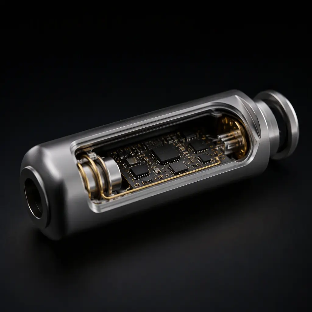 Cutaway render of a hermetically sealed titanium implant housing with internal micro PCB