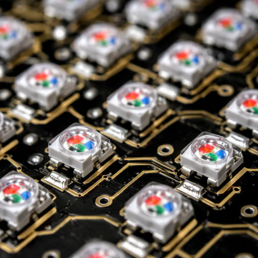 Macro view of an LED display module PCB with dense surface-mount LED rows and driver ICs