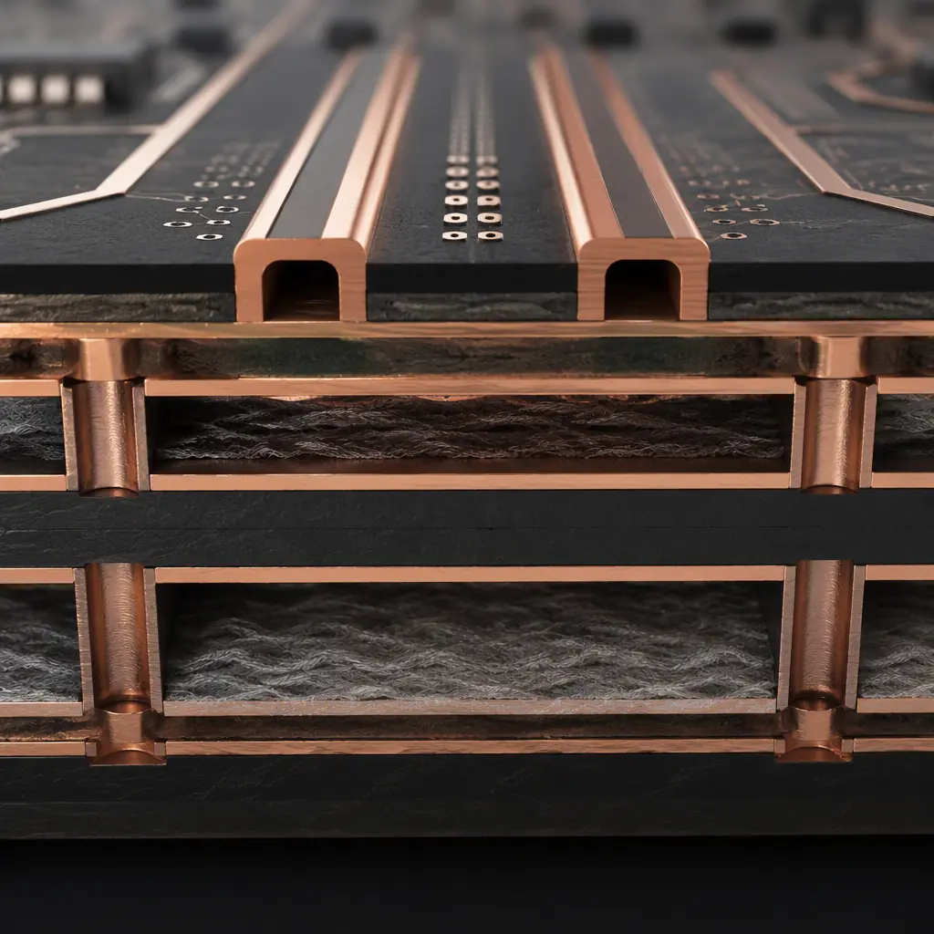 Cross-section of a multilayer PCB showing high-speed differential pair routing with ground isolation