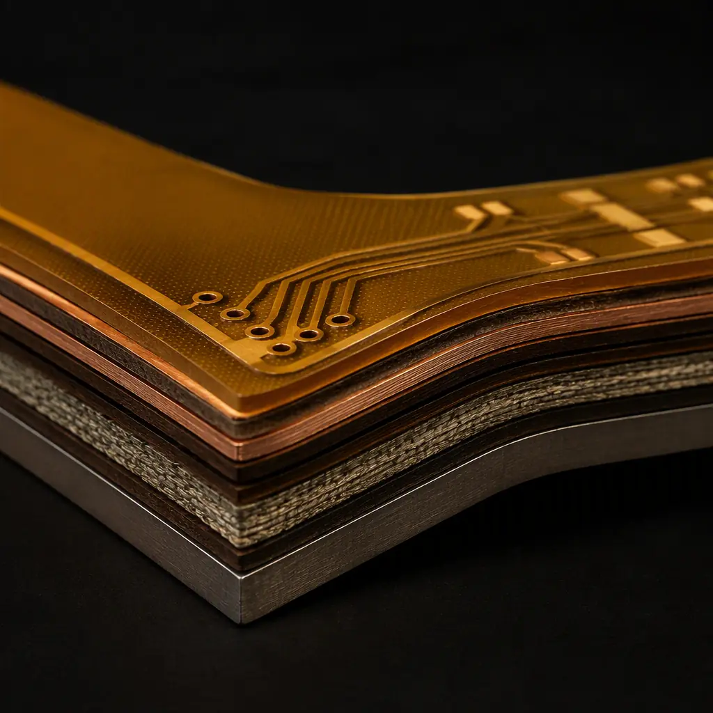 Cross-section render of a flexible PCB stackup with polyimide layers and a stiffener layer