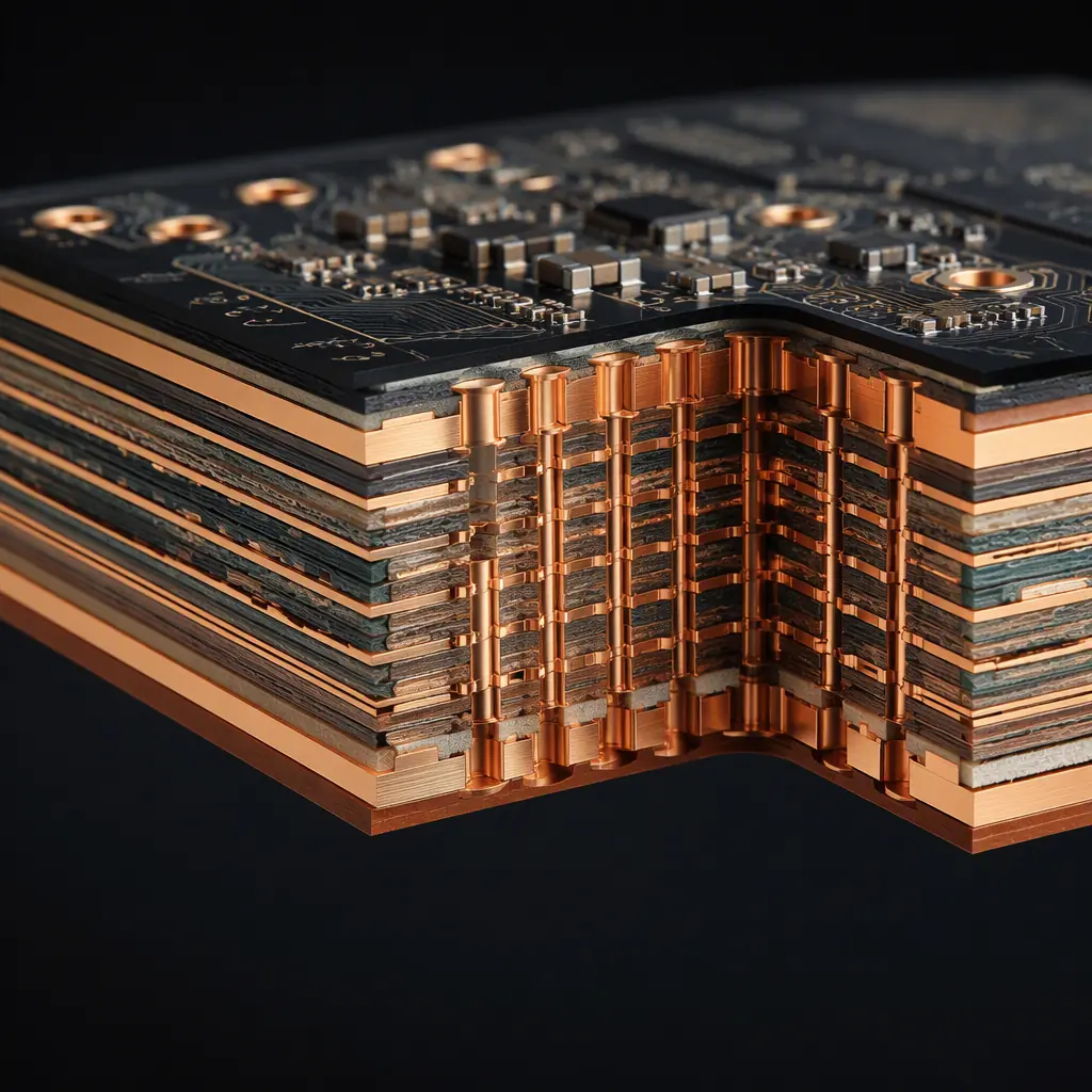 Cross-section of a multilayer power PCB showing thick copper layers and thermal via arrays