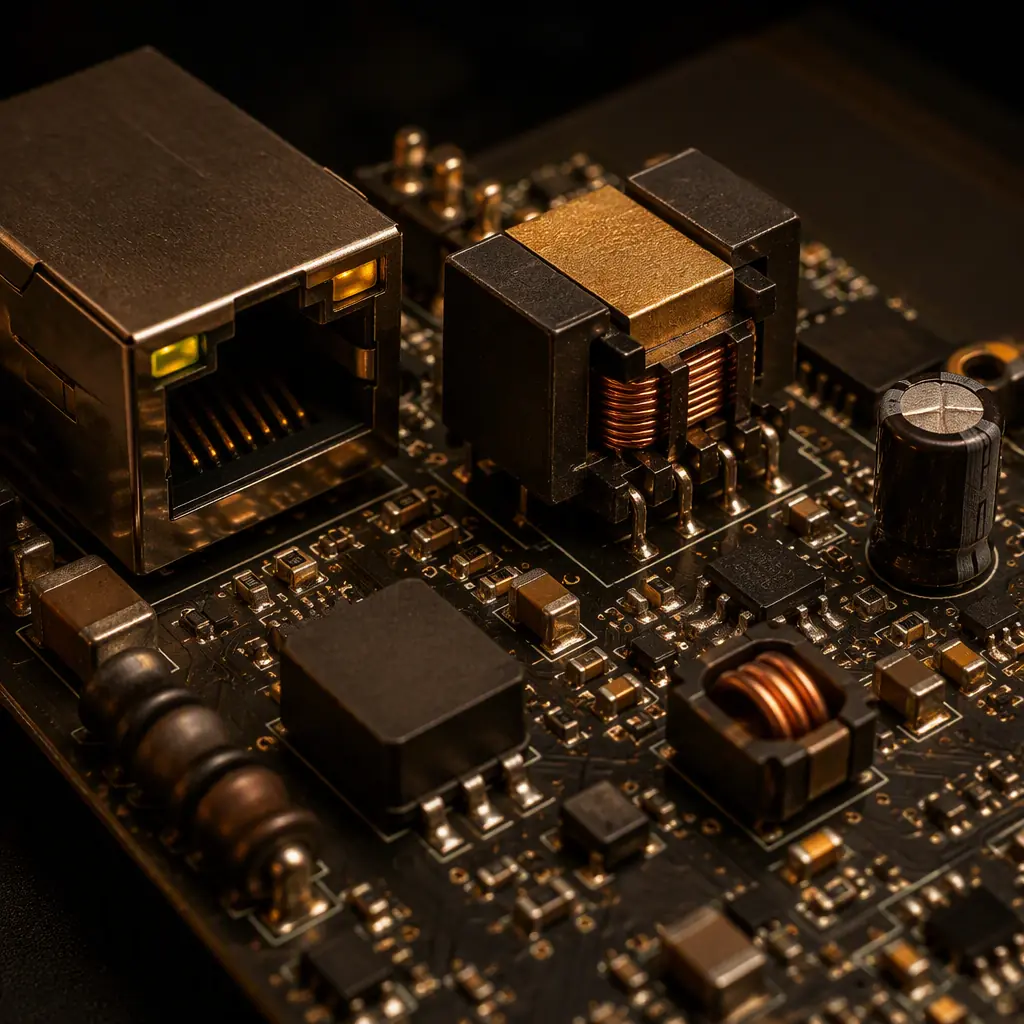 PoE magnetics and DC-DC converter section on a security control board
