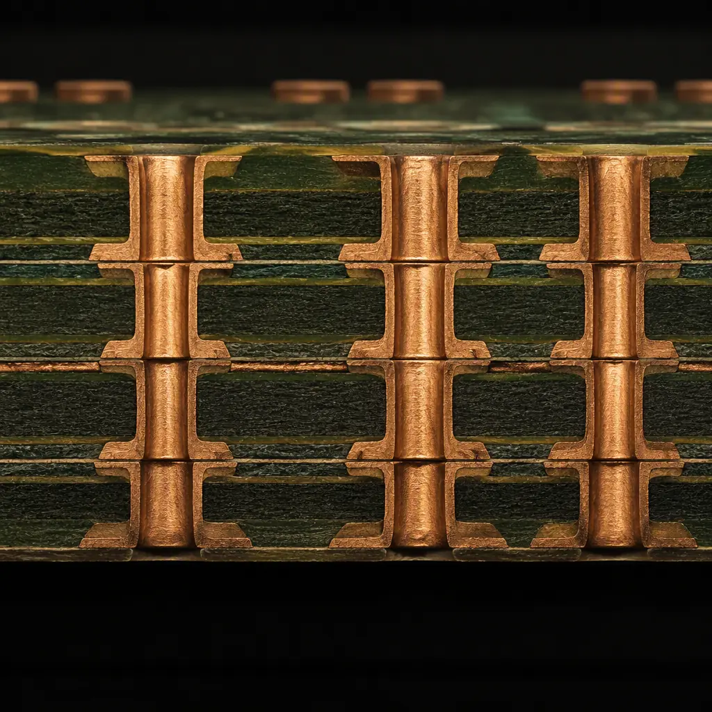 Stacked copper-filled microvias in an HDI board cross-section