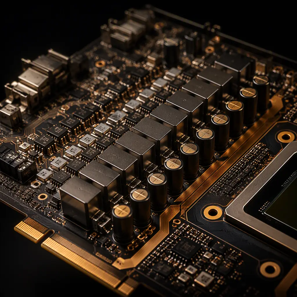 GPU power delivery VRM section with chokes, capacitors and thick copper traces