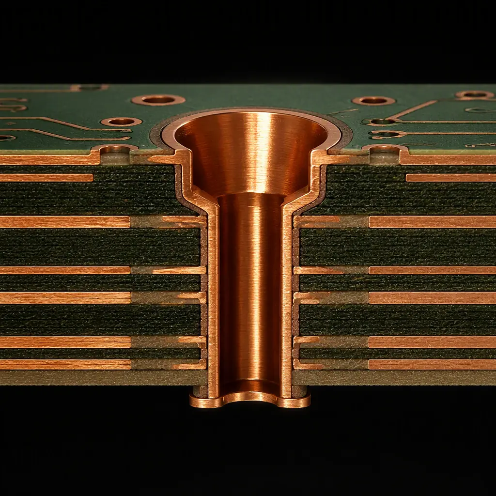 Cross-section of a backdrilled via showing controlled depth and barrel plating