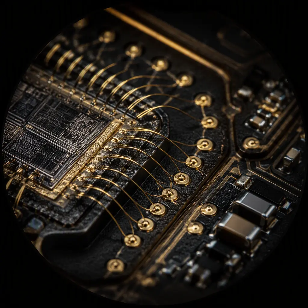 Microscope view of gold wire bonding on a miniaturized medical PCB