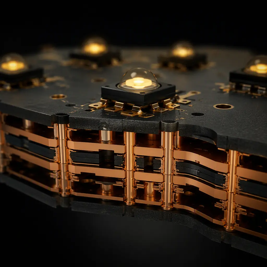Photorealistic cross-section render of an LED module PCB showing copper planes and thermal vias