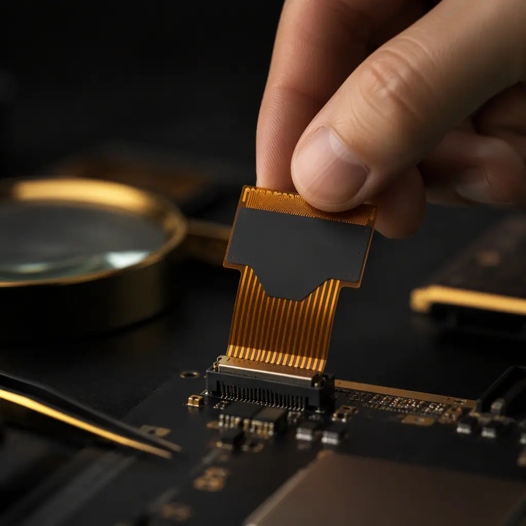 Hand assembling a flex PCB with stiffener into a connector on an electronics workbench
