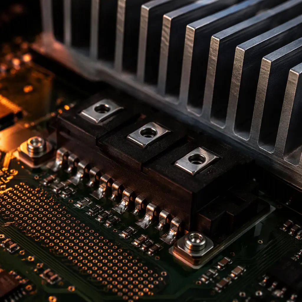 IGBT power module on a PCB with thermal vias and a finned aluminum heatsink