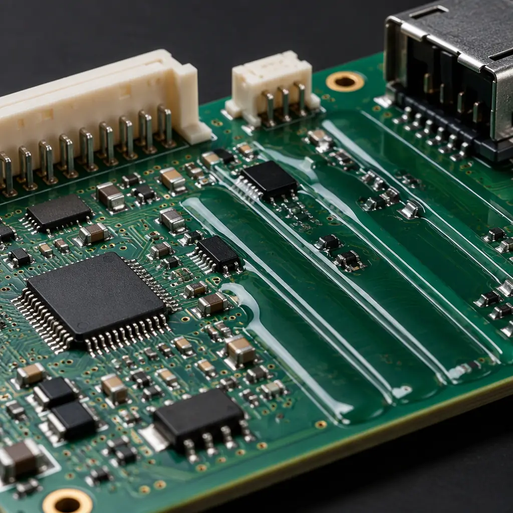 Circuit board partially coated with precise stripes of clear conformal coating, adjacent connectors left clean and uncoated