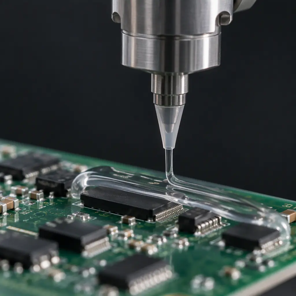 Precision dispensing valve applying a bead of transparent viscous conformal coating over board-mounted components
