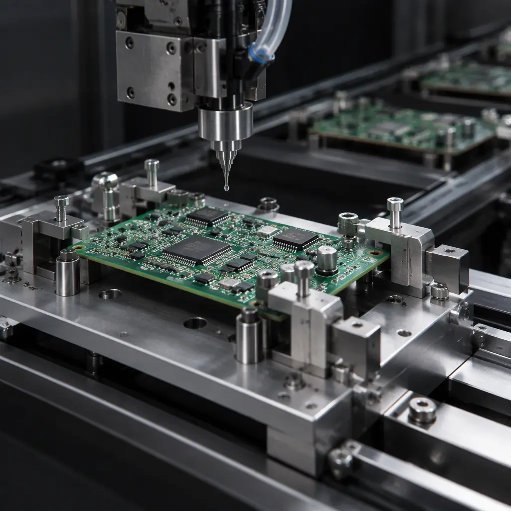 Circuit board held in a robotic coating fixture with mechanical clamps and alignment pins, boards staged on a conveyor behind