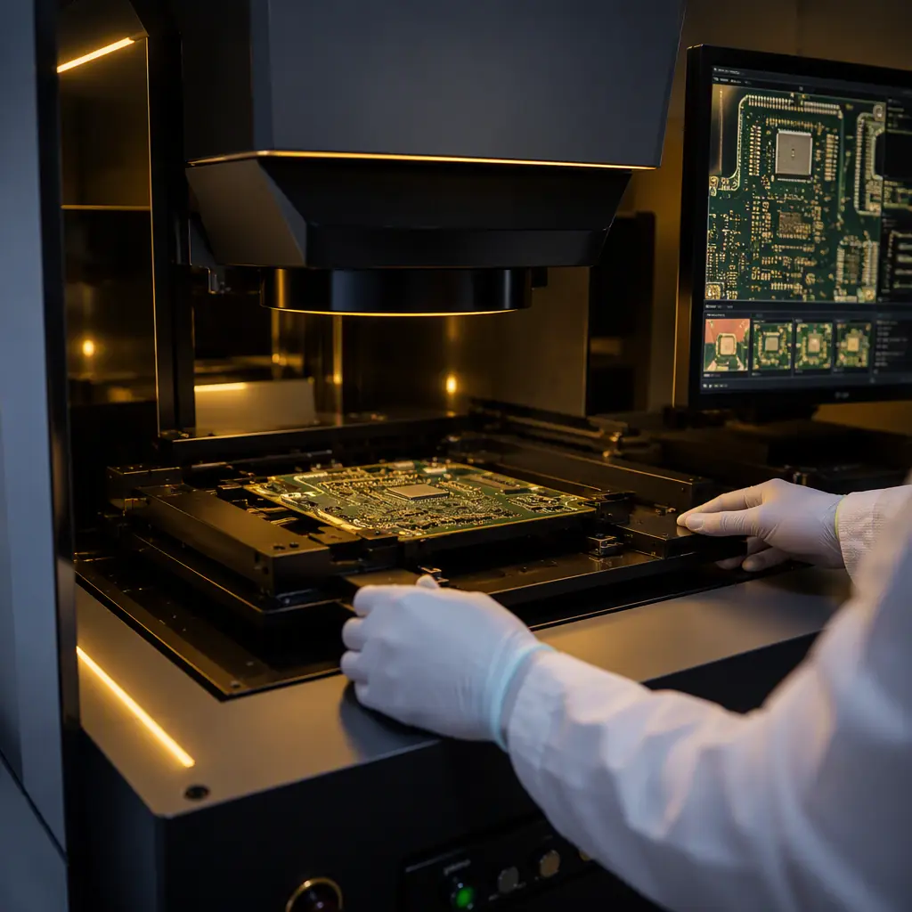 Quality engineer inspecting printed circuit boards with AOI equipment on a Shenzhen factory floor