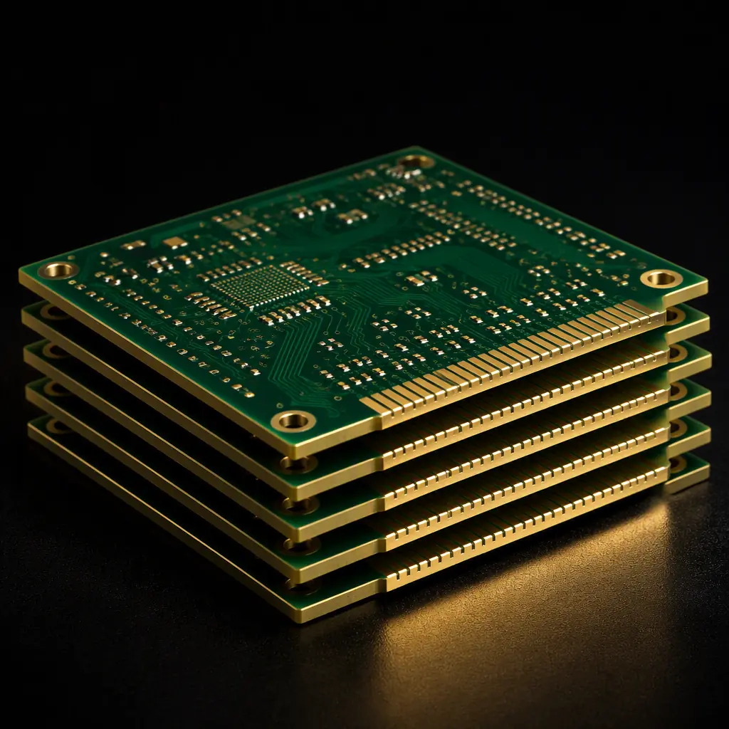 Stack of fabricated FR-4 printed circuit boards with gold-finger edges ready for shipment from a Shenzhen factory