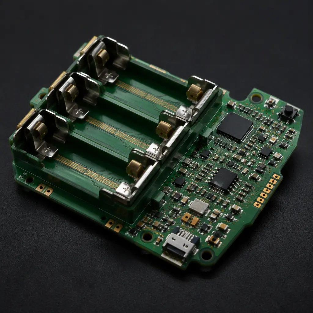 Photorealistic render of a smart lock PCB with battery contacts and low-power MCU section