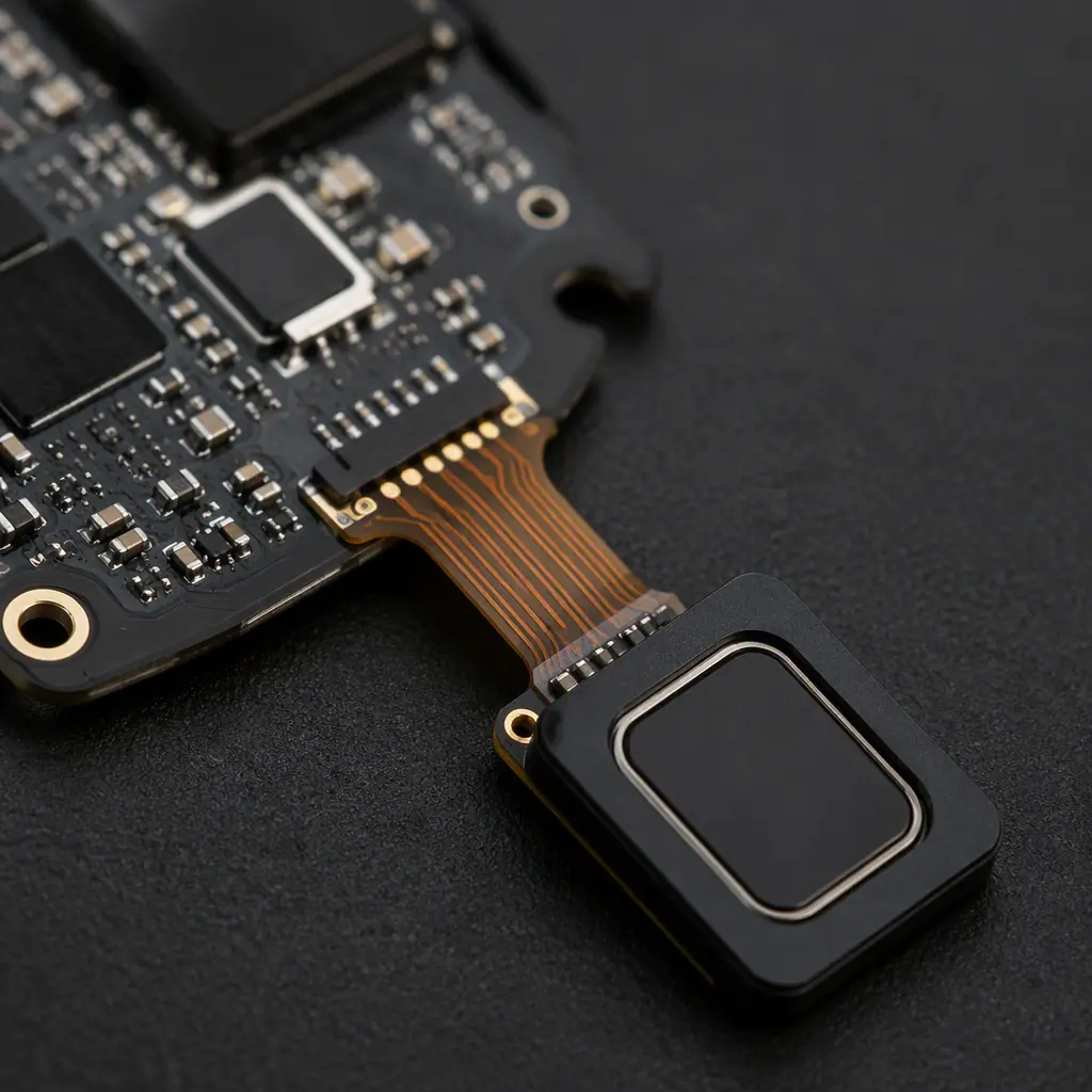 Photorealistic close-up of a capacitive fingerprint sensor module connected to a smart lock PCB via FPC cable