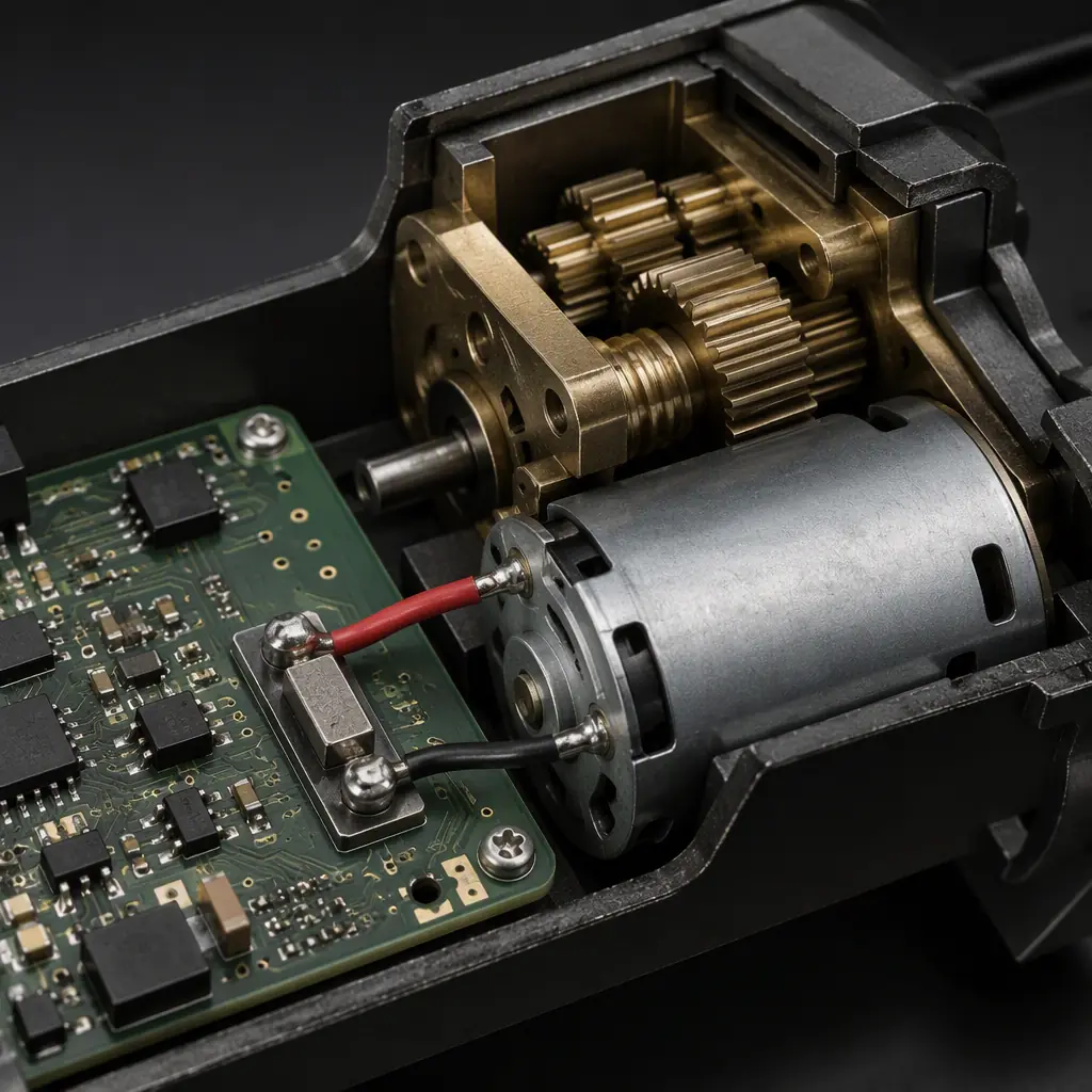 Photorealistic macro render of a smart lock geared DC motor drive section with stall current sense resistor