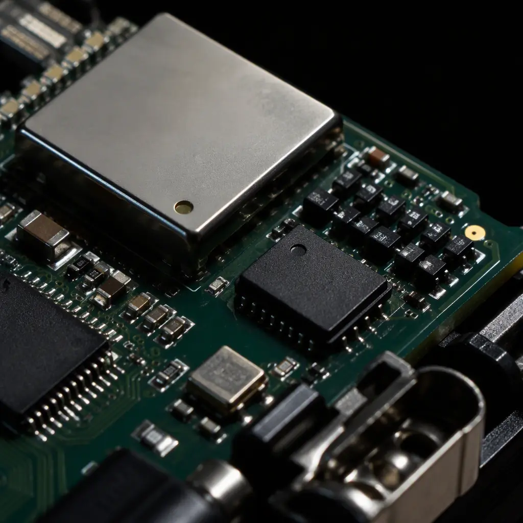 Photorealistic macro photo of a smart lock PCB with secure element chip in tamper-proof package and ESD protection array