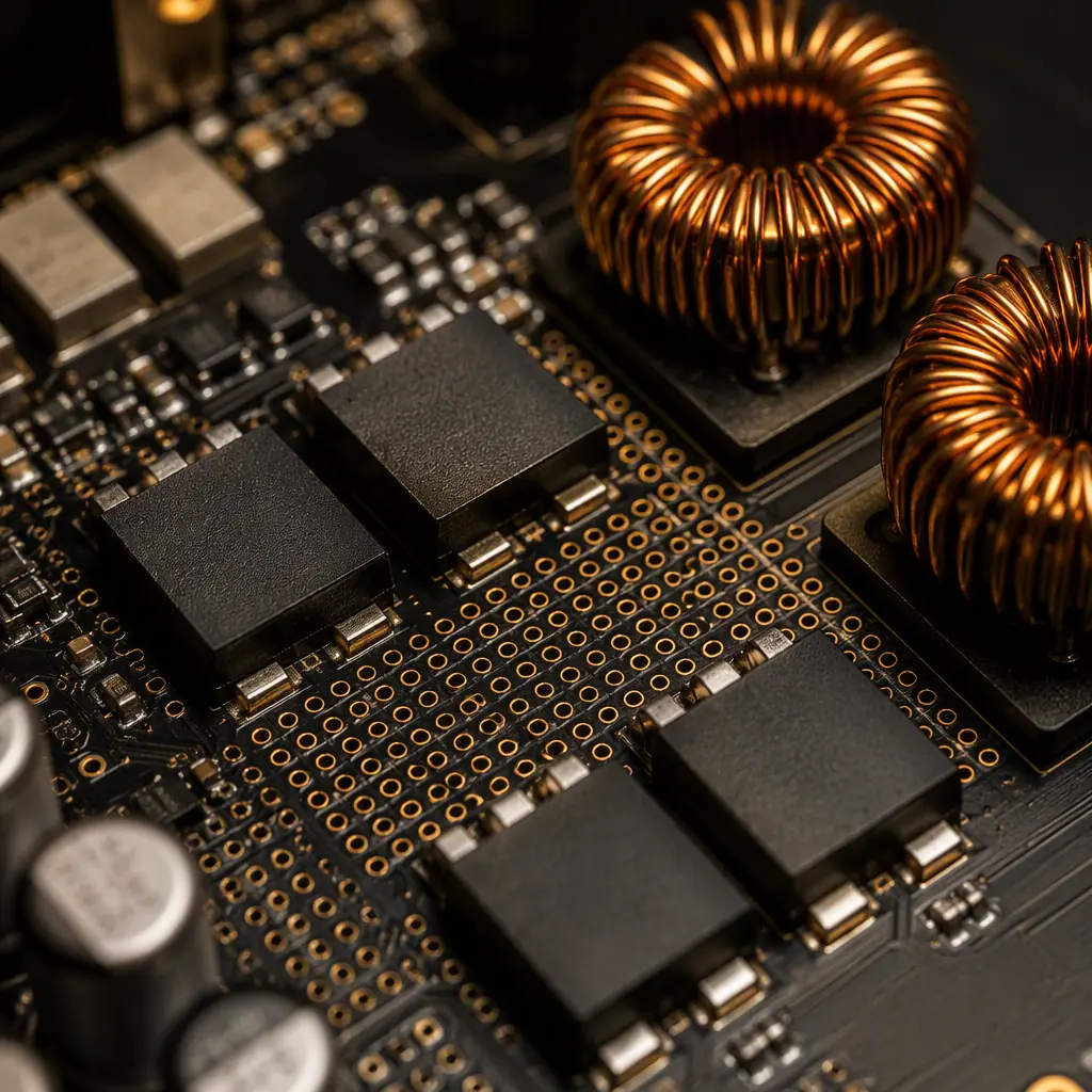 Photorealistic render of a Class-D audio amplifier power stage with output filter inductors and thermal vias on a smart speaker board