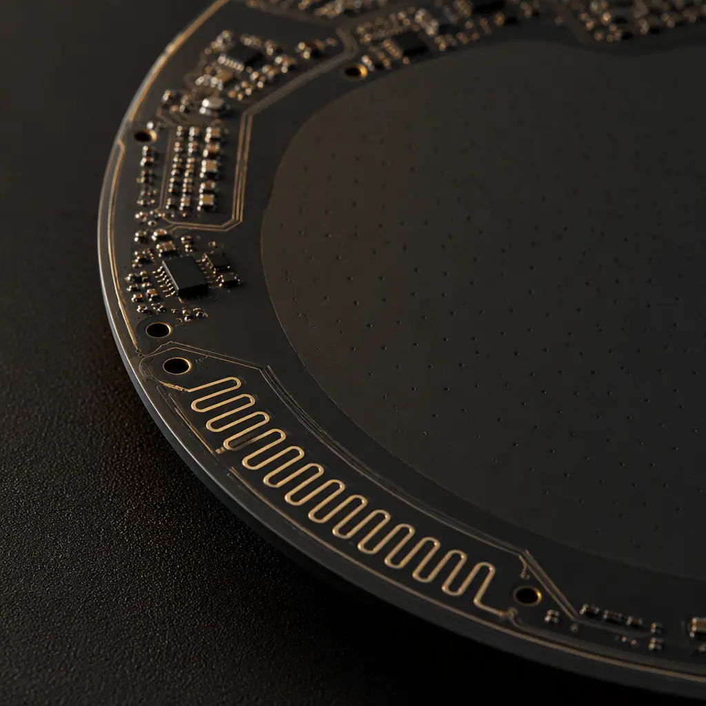 Photorealistic render of a Wi-Fi chip antenna keep-out zone at the edge of a circular smart speaker PCB