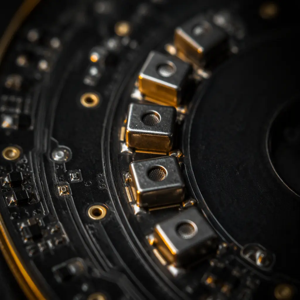 Photorealistic macro render of a circular smart speaker main board with four MEMS microphones arranged around the perimeter