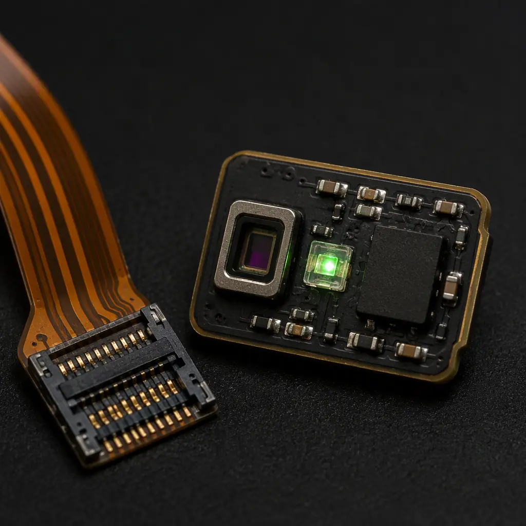 Photorealistic close-up of an AMOLED display FPC connector and PPG optical sensor module on a smartwatch mainboard