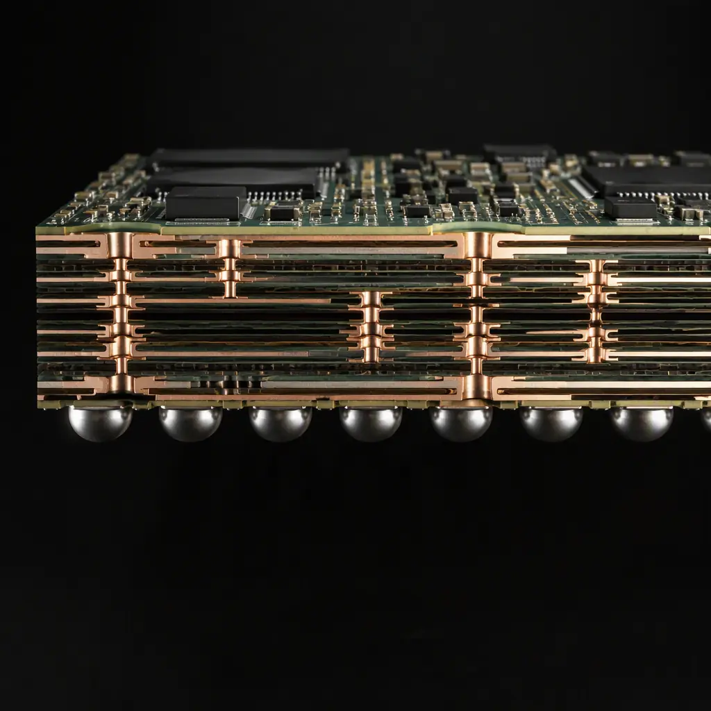 Photorealistic 3D cross-section render of an HDI smartwatch PCB showing stacked microvia layers and fine-pitch BGA