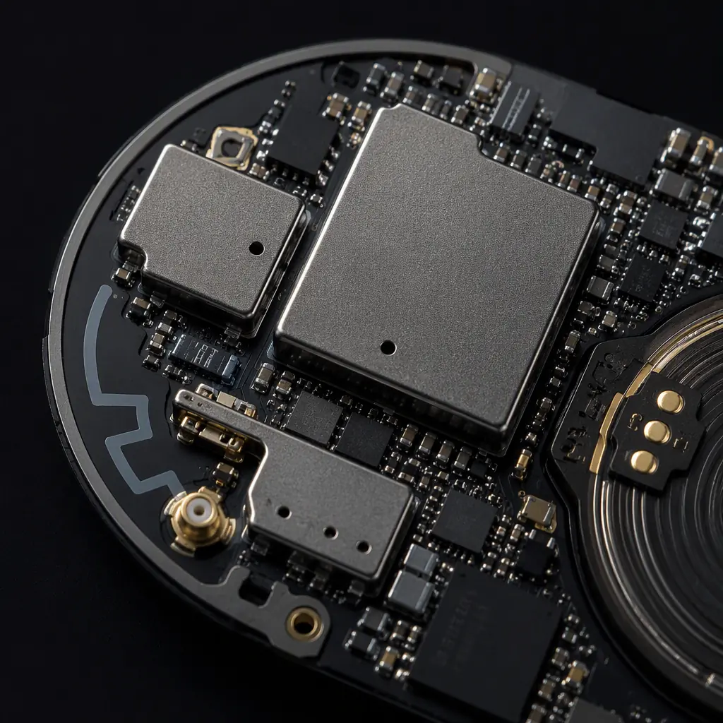 Photorealistic macro render of a smartwatch mainboard showing BLE antenna feed, shielding cans and wireless charging coil contacts