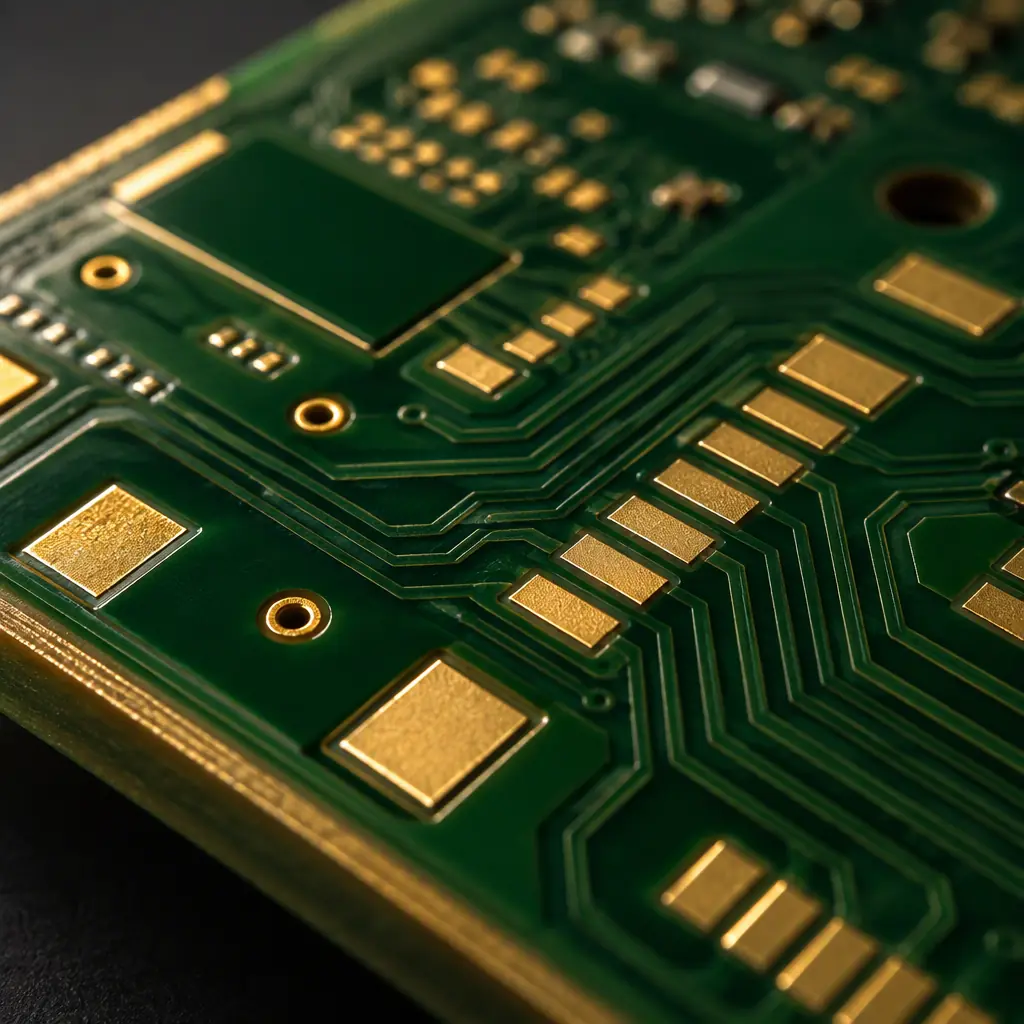 Photorealistic macro photograph of a dark green liquid photoimageable solder mask on a printed circuit board with fine copper traces visible beneath the coating and clean pad openings