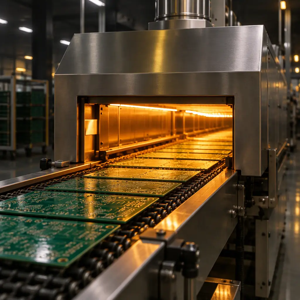 Photorealistic photograph of a solder mask curing oven with circuit boards on a conveyor entering the heated tunnel in a PCB fabrication plant