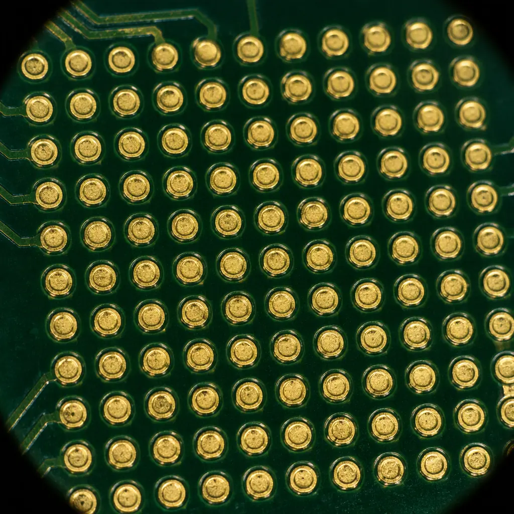 Microscope close-up of a fine-pitch BGA pad array on a green PCB showing NSMD pads with the full copper pad exposed inside the solder mask opening