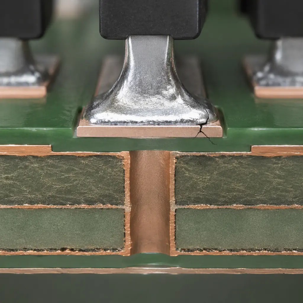 Photorealistic 3D cross-section render of PCB solder balls on a pad showing the crack path at the pad edge for a solder-mask-defined joint