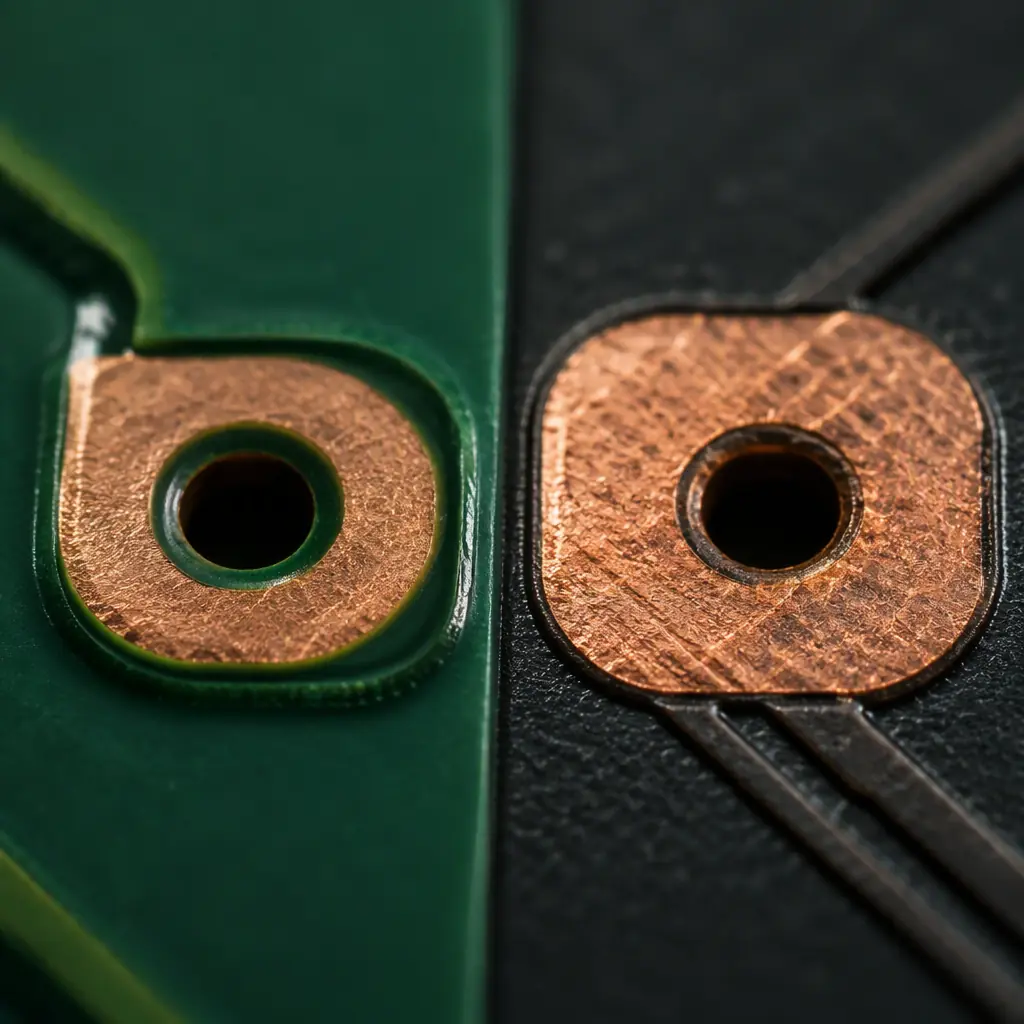 Macro photograph comparing solder-mask-defined and non-solder-mask-defined pads with the copper shoulder and solder mask opening clearly visible