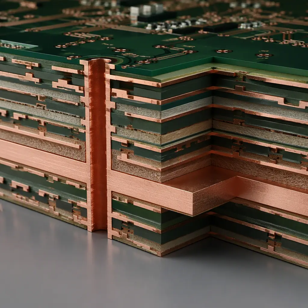 Photorealistic cross-section render of a multilayer PCB showing continuous ground plane under a power section