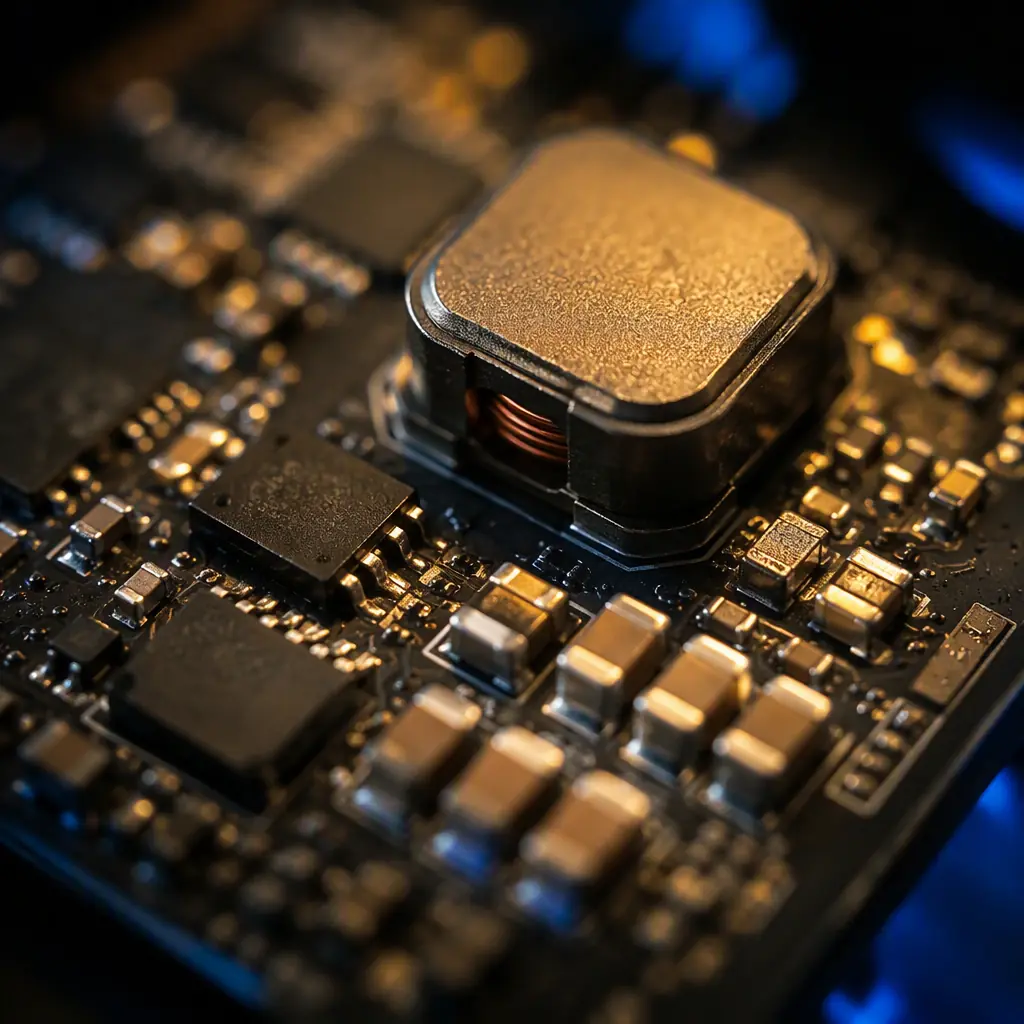 Photorealistic macro photo of a buck converter section on a PCB showing inductor, MOSFETs and capacitors