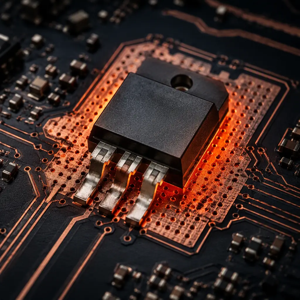 Photorealistic macro photo of a power MOSFET on a PCB with thermal vias and copper pour for heat dissipation