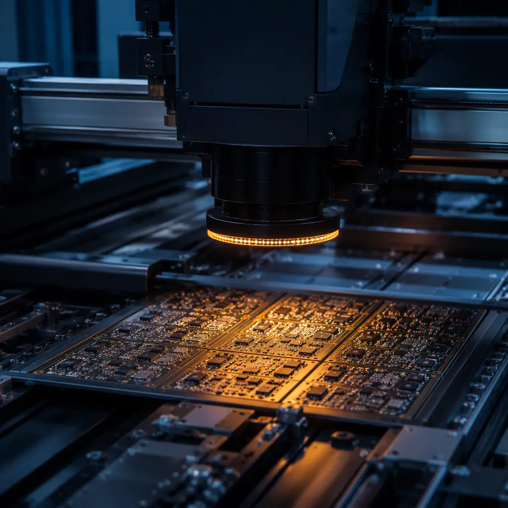 Automated optical inspection machine scanning a populated PCB panel on an SMT conveyor with amber ring lighting