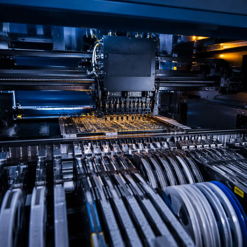 Wide view of an SMT assembly line with pick and place machines, reflow oven and conveyor running populated PCB panels