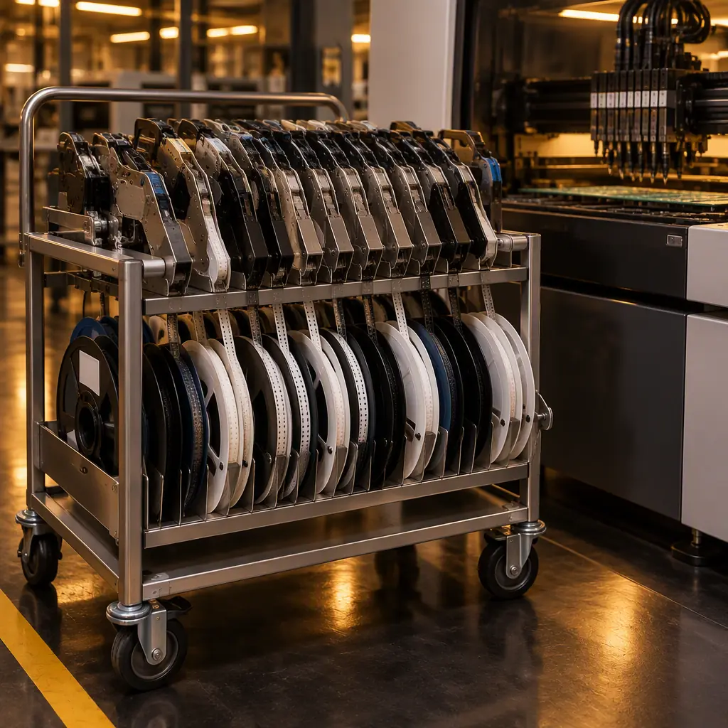 Wide photo of a high-speed SMT placement machine inside a modern electronics factory with component feeders loaded along the gantry